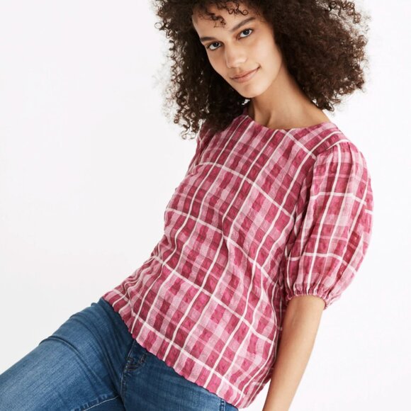 MADEWELL Plaid Puff Sleeve Top in Azalea Plaid Boho Preppy - Size M - Picture 1 of 15